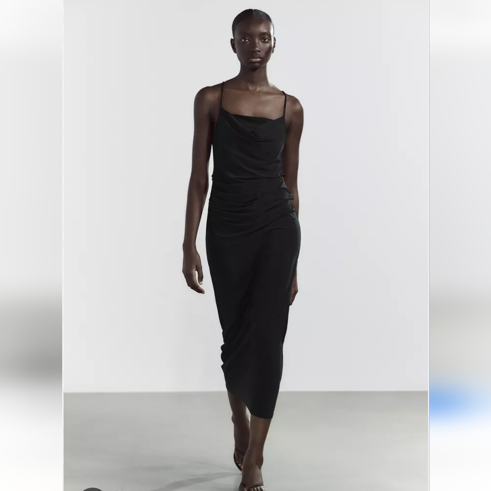 Zara Black Ruched Side Square Neck Maxi Dress Large #QuietLuxury #Minimalist